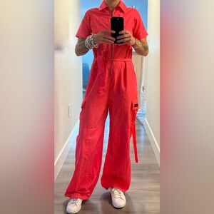 Hot pink belted cargo nylon jumpsuit
